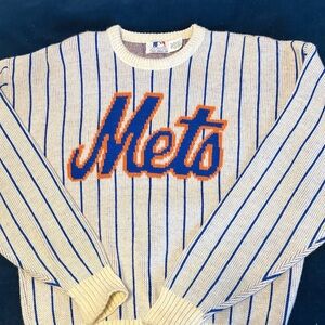 Mets Cliff Engle Mets Striped Crewneck Sweater - Blue and White - size L